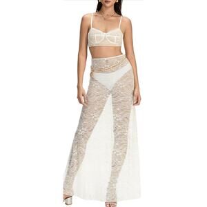 Women 2Pcs Lingerie Set Lace Bra & Maxi Skirt White L